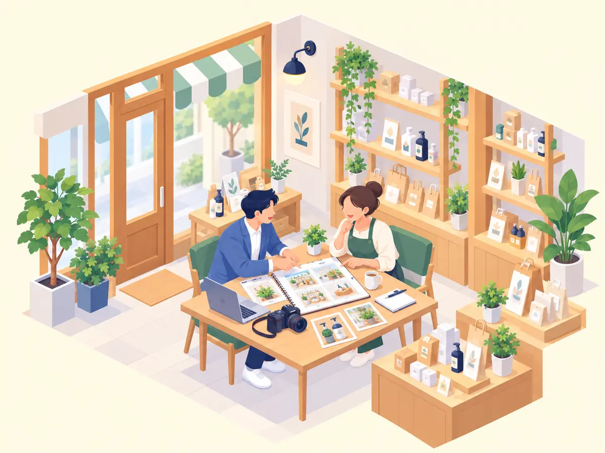 お店でヒアリングし、写真を撮影している様子のイラスト