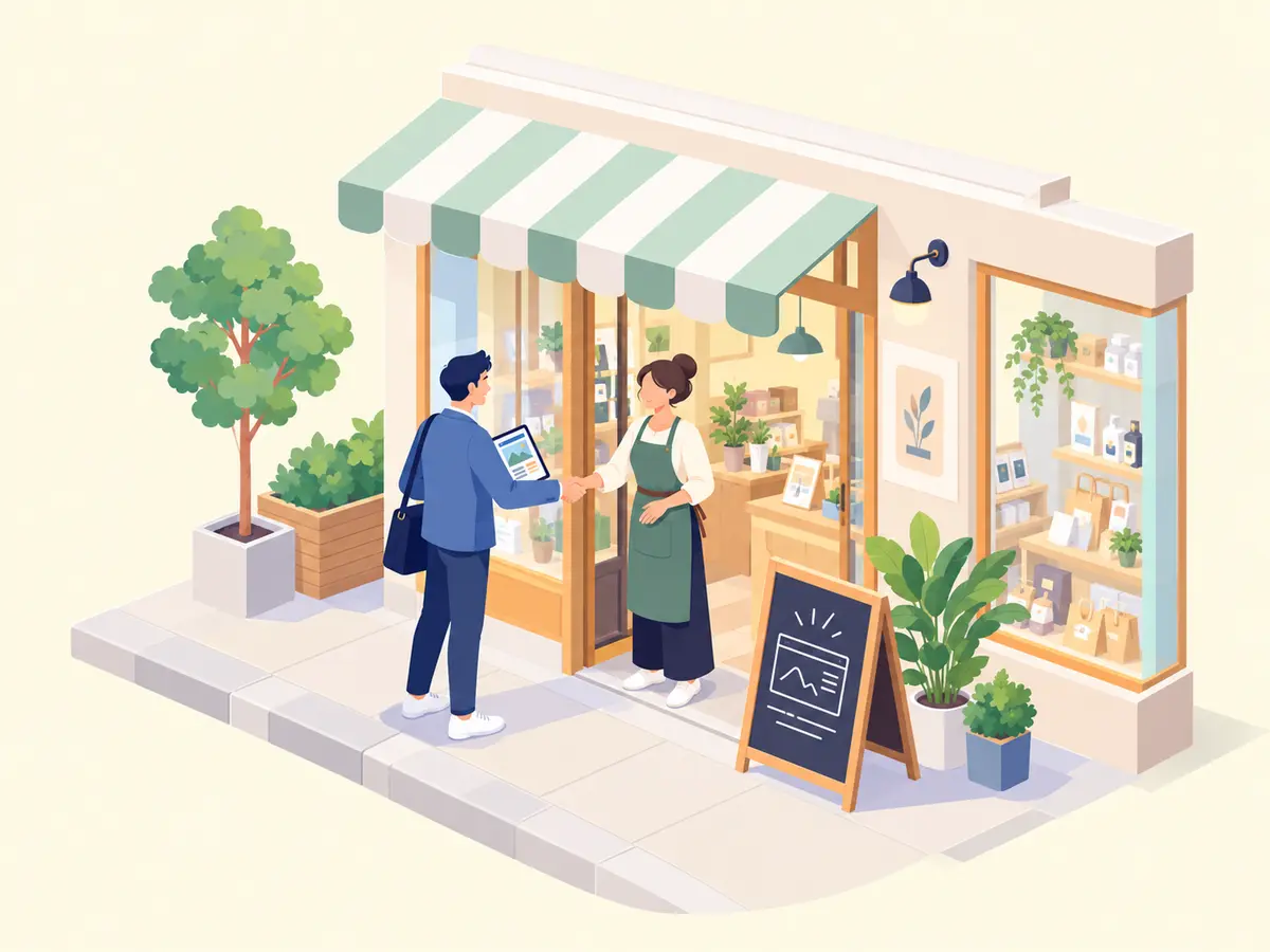 完成したサイトを店主に見せて握手する様子のイラスト