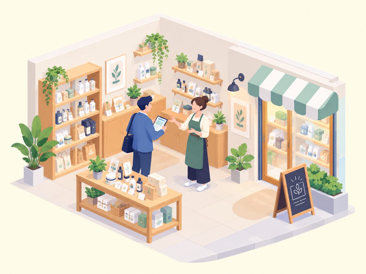 お店の中で、店主とタブレットを見ながら話す様子